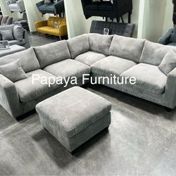 New! Plush Sectional Sofa And Ottoman, Light Grey Sofa, Grey Couch, Grey Sectional Couch, Ottoman, L-Shaped Sofa, Couch, Corduroy Couch, Fluffy Lined
