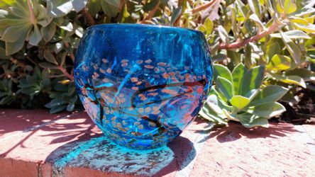 Robert Held Hand-Blown Turquoise Art Glass Bowl with Gold Accents