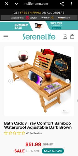 Bamboo Wood Waterproof Bath Tub Caddy and Bed Tray with Folding Slide-Out Arms,Device Grooves, Wine Glass and Soap Holder.