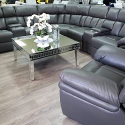 New Reclining Sectional.  Grey Or Ink Blue Gel Leatherette.  123” X 123”.  Free Delivery!