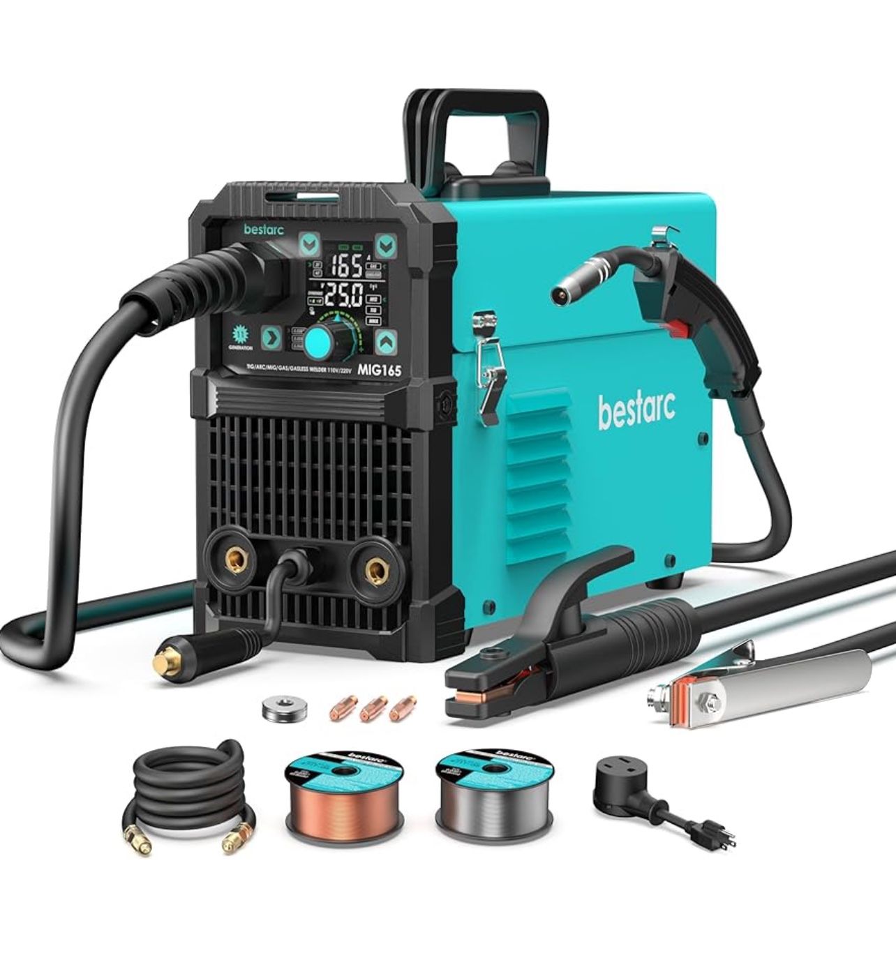 165A MIG Welder, 110V/220V Dual Voltage Gas/Gasless Flux Core MIG Welder/Lift TIG/Stick 3 in 1 Synergic MIG165 11GEN Welding Machine, Flux/Solid Welde