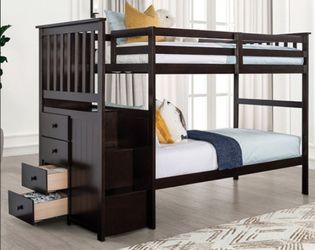 Brand New Espresso Twin Over Twin Bunk Bed with Staircase