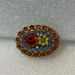 Gold Tone Micromosaic Floral Italy Brooch