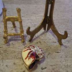 Brass And Bamboo Dipped In Gold Easels And Bejeweled Trinket Box 