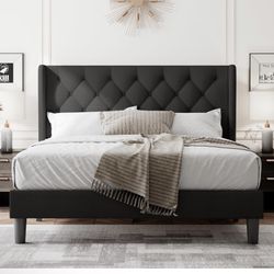 Feonase Queen Bed Frame with Upholstered Wingback Headboard, Platform Bed and Heavy Duty Wooden Slats Support, Easy Assembly, Noise-Free, No Box Sprin