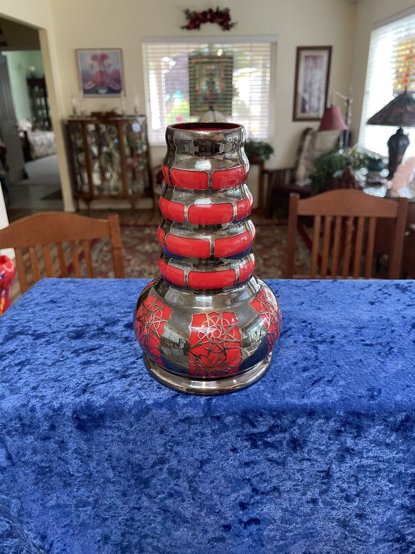 Art Nouveau Ox Blood Red w/ Ornate Silver Overlay Bohemian Art Glass Vase. “H”