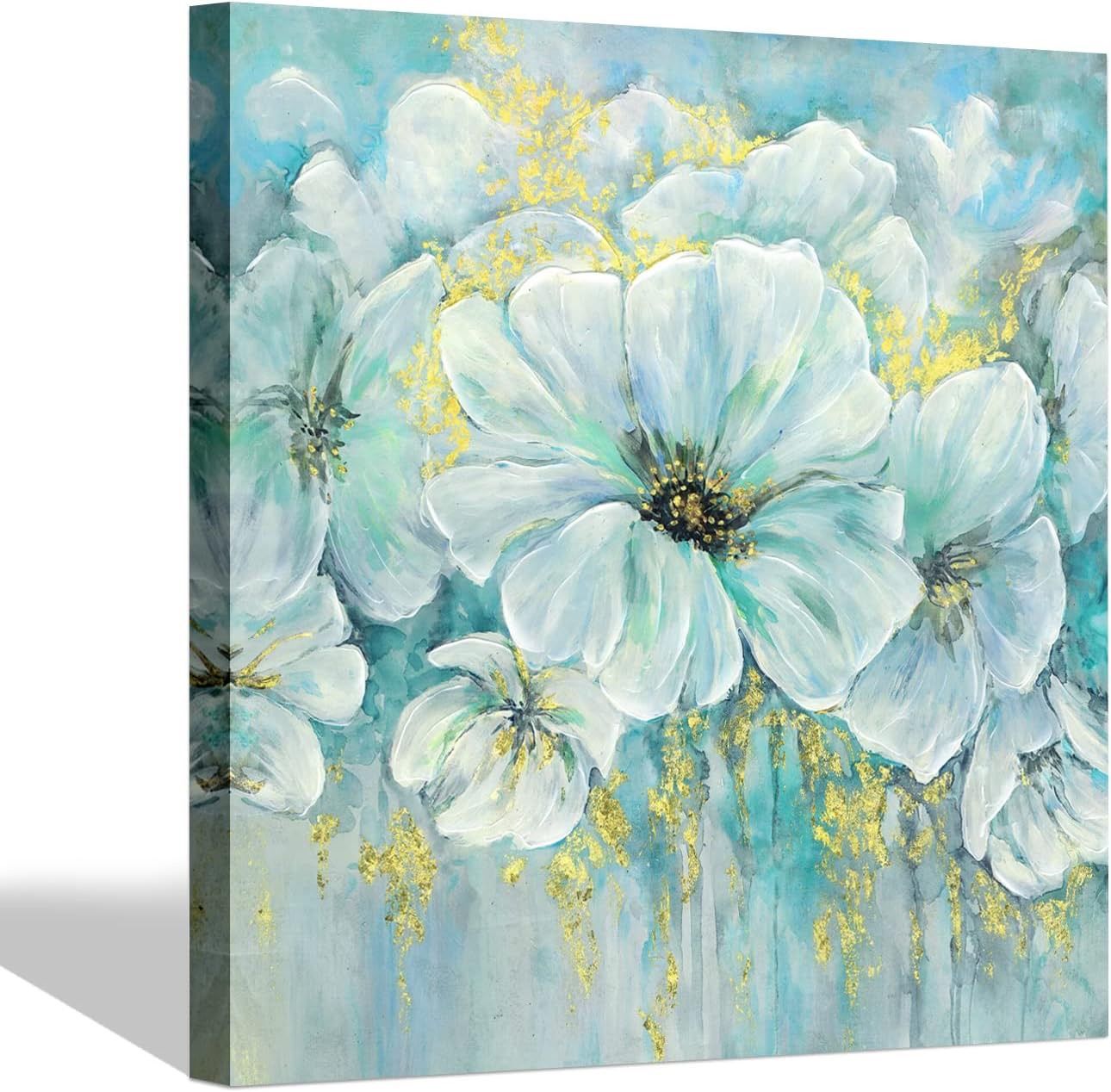 Abstract Flower Canvas Wall Art - Floral Painting Aqua Teal Blues White Bouquet Artwork Print 28'' x 28''