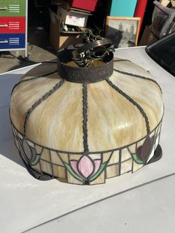 1970 Vintage Tiffany Style Stained Glass Lamp Hanging Light flowers Design