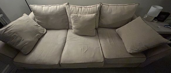 Beige 3-Seat Upholstered Sofa with Pillows