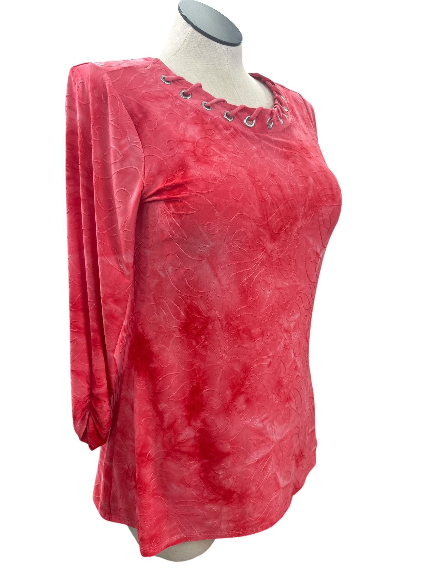 New Directions Pink Marble Tunic Size M Lace-Up Neckline Grommet Stitched Design - NWOT