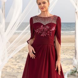 Elegant Burgundy Mother of the Bride Dress – Long Evening Gown with Beaded Illusion Neckline and Cape Sleeves-XS