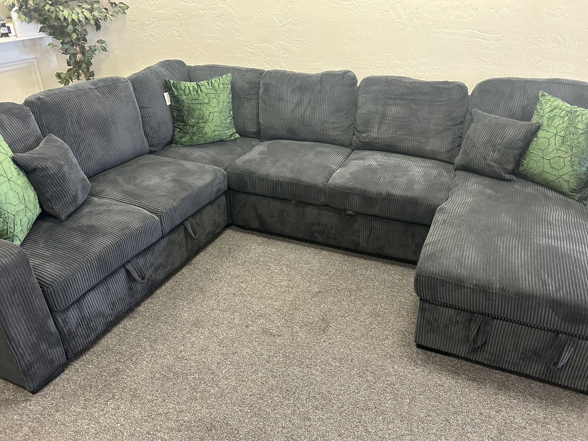 Black Corduroy Sectional With Sleeper Sofa And USB Ports 