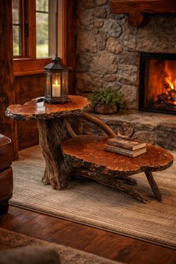 Burl  Edge Table. Upper slab is 24.5” high, Lowe slab is 10” high. Upper slab is 28”x20”, lower slab is 37”x 26”.