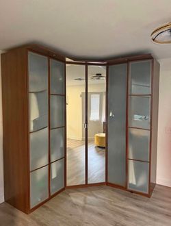 IKEA Hopen Corner Closet System Glass and Mirror Doors Clothing Organizer Lights Storage Cabinet