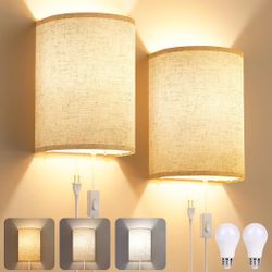 Plug in Wall Sconces Set of Two: Wall Lights with On/Off Switch - Stepless Color Temperature Wall Mount Lamps - Fabric Linen Wall Sconce for Bedroom L
