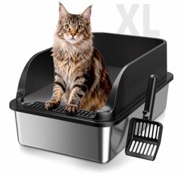 XL Stainless Steel Cat Litter Box with Scoop
