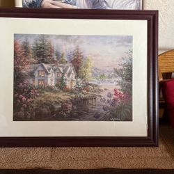 Framed Picture Cottage And Sailboats 