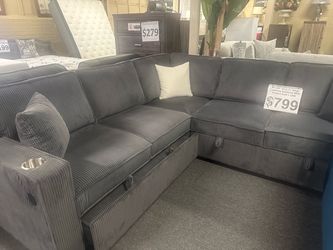 Brand New Gray Corduroy Sectional Sofa with Pullout Bed