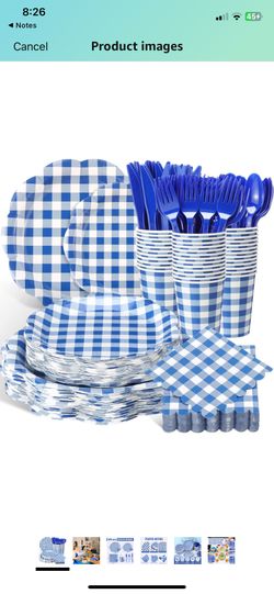 400 Pcs Gingham Party Supplies for 50 Guests Dark Blue and White checkered pattern 