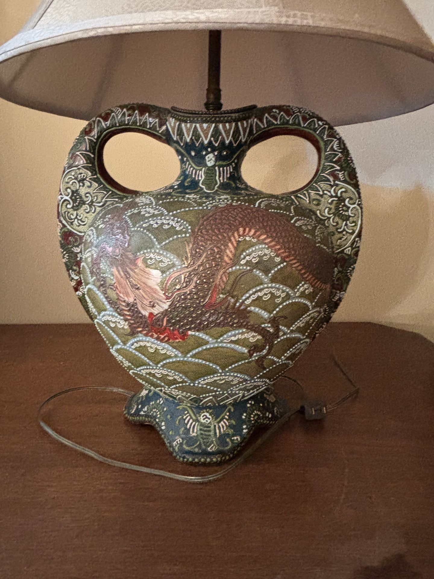 Japanese Dragon Lamp (electrified) Satsuma double handle Moriage Urn/Lamp with Lucky Coin