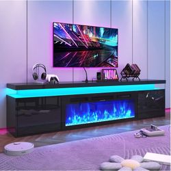 80'' Fireplace TV Stand with 40'' Fireplace, Gloss Wall Mounted Fireplace Entertainment Center with Storage&Power Outlet, Modern LED Light Console for