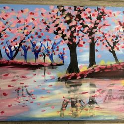 Acrylic Painting of Cherry Blossoms by a Lake