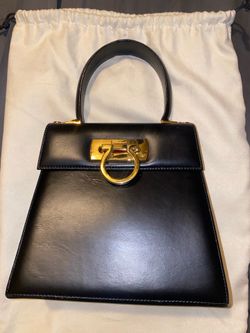 Authentic Salvatore Ferragamo Gancini Top Handle Bag Black Leather COA