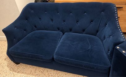 Navy Blue Velvet Tufted Loveseat and sofa