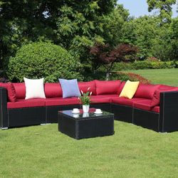 AZ-92 7 Piece BLACK Rattan Sectional Set with Beige OR burgundy Cushions. Outdoor Furniture Complete Patio BLACK Wicker Garden Sofa Couch Set, Full.