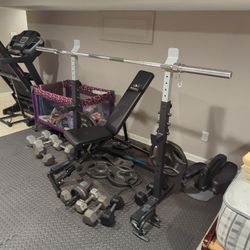 Rack And 300 Pound Weights And Bar 