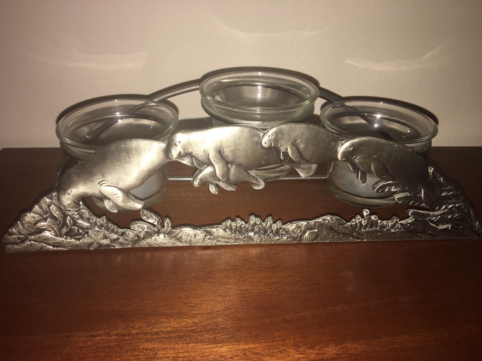 Manatee Silver Metal Candle Holder Decor