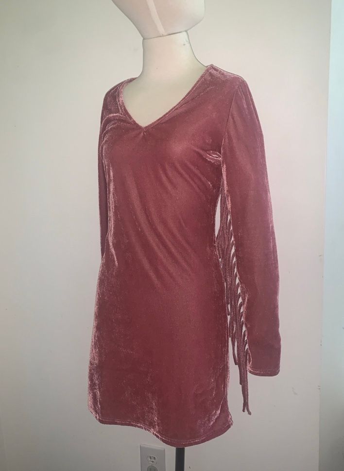 **Glamorous Velvet Blush Rose Mini Dress w/ Fringe Arm - Size S**
