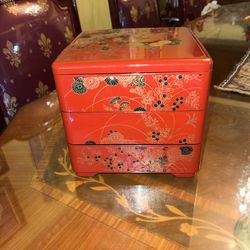 Japanese Stack Bento Box Lunch Container 3-Tier Lacquer Red Flower Made in Japan
