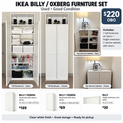 IKEA BILLY / OXBERG Storage Cabinet Set – 3 Cabinets + Extension – White