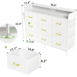 🥨White Dresser for Bedroom, Dresser with LED Lights and Charging Station, Long 9 Drawers Dresser, Wide Fabric Chest of Drawers Storage Organizer TV 