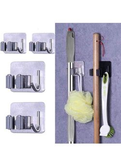 Mop Broom Holder, Wall Mounted Self Adhesive Stainless Steel Waterproof (4pcs)