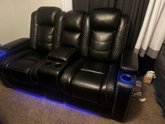 Black Leather Power Recliner Sofa with LED Lighting