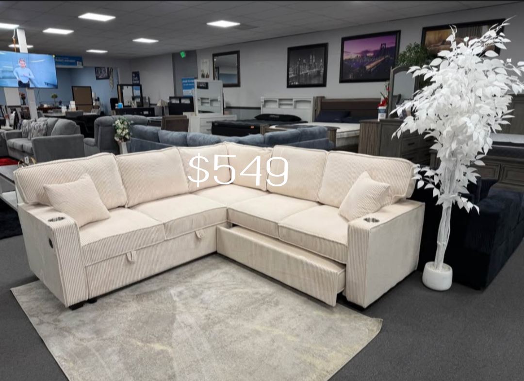Gorgeous! Sectional sofa with Pull-out bed & storage ivory corduroy