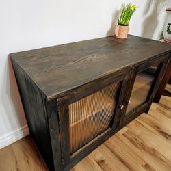 Rustic Dark Brown Oak Long Dresser TV Television Entertainment Media Console Stand Shelves Frosted Glass Cabinets