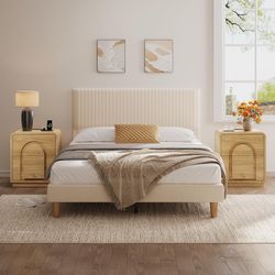 Bestier Night Stand Set 2, 23.6" Curved Nightstand with Charger Station, Mid Century Modern Bedside Table with 2 Drawers, Arch Doors & Rounded Profile