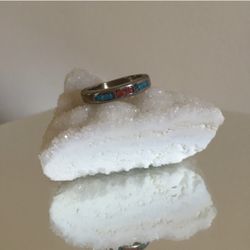 Vintage Coral Red Turquoise Blue Stone Color Block Thin Band Dainty Ring