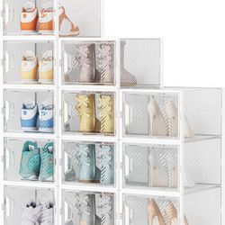 12 Pack Shoe Storage Box Clear Plastic Stackable Shoe Organizer for Closet - Fits Size 12