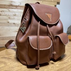 Guess Vintage Brown Leather Drawstring dual Pocket magnetic Closure Backpack Bag
