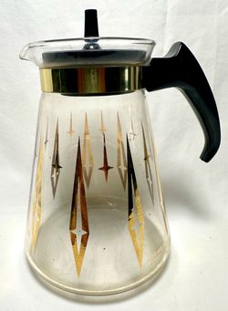 Vintage Pyrex MCM Atomic Starburst Coffee Carafe Pitcher Gold Black Diamonds 7"