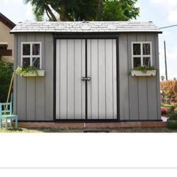 Keter Oakland 11 ft. W x 7.5 ft. D Fully Customizable Durable Resin Plastic Storage Shed with Double Doors (66.3 sq. ft.)