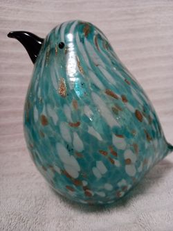 Murano Style Art Glass Snow Bird Teal Gold Speckled 7in tall $40