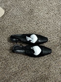 Black Leather Slingback Kitten Heel Mules