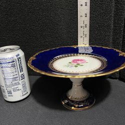 Vintage ECHT Kobalt Blue Fine China Cake Plate With Pedestal Floral Roses