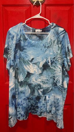 Time And True Blouse Women Rhinestone Blue Floral Ruffle