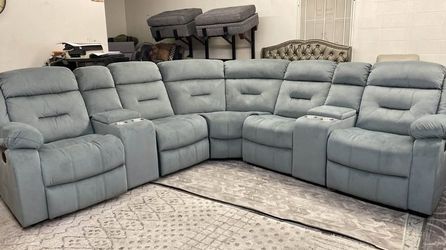 Velvet Gray Recliner sectional sofa with 2 Consoles